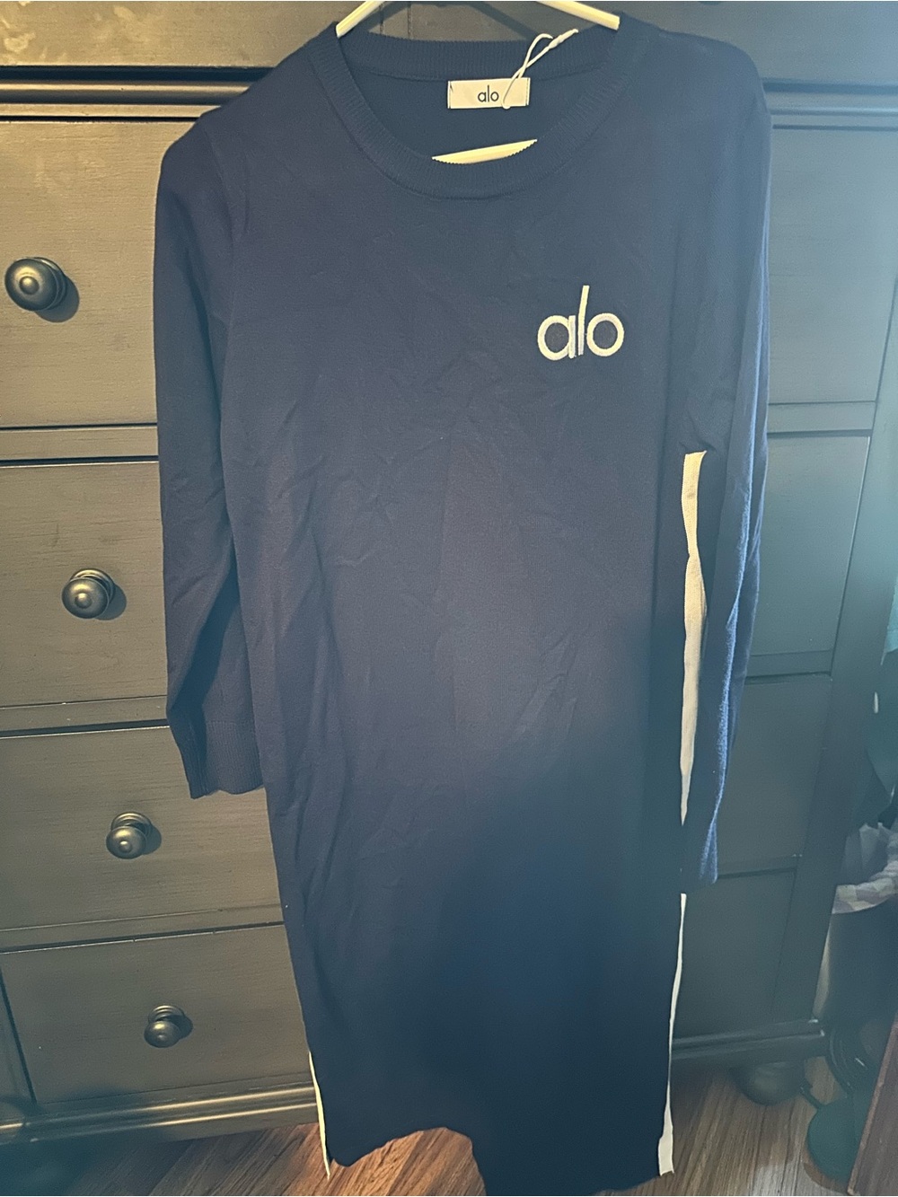 ALO Yoga Navy Long Sleeve Logo Dress with White Side Stripe